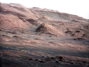 Layered strata of Mount Sharp, which rises 5 km above the base of Gale Crater.