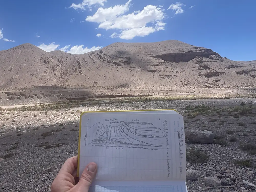 A notebook held up in front of small mountains