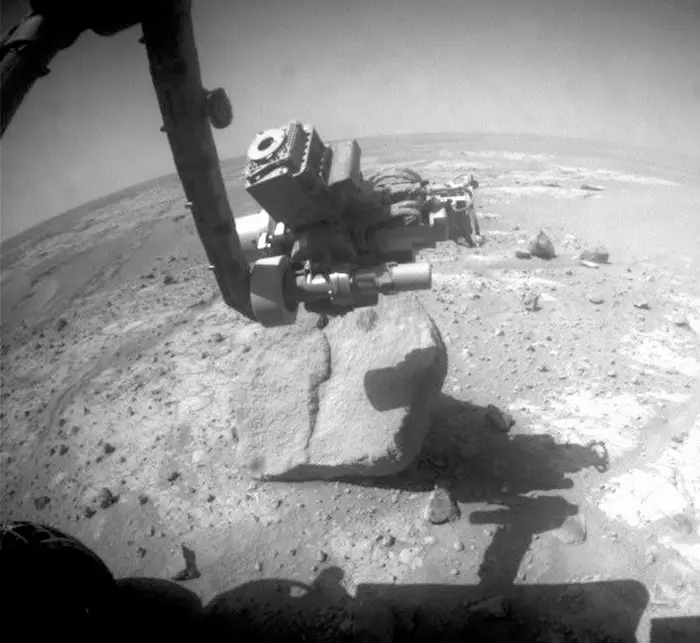 Black and white Mars rover image