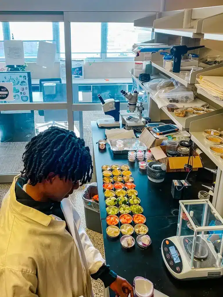 Marius Charles works in the lab with rows of fruits and vegetables laid out in front of him.